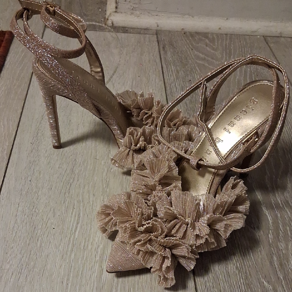 Gianni Bini Rose Gold Floral Ruffle Stiletto Sandals